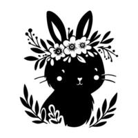 schattig baby konijn met bloem lauwerkrans, silhouet, Pasen vakantie. illustratie. vector