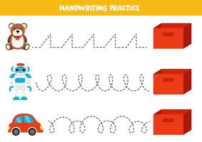 traceren lijnen met schattig tekenfilm speelgoed en doos. schrijven oefening. vector