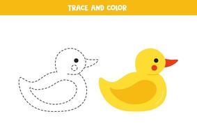 spoor en kleur tekenfilm geel rubber eend. afdrukbare werkblad voor kinderen. vector
