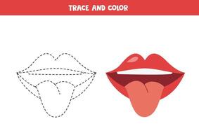 spoor en kleur tekenfilm mond en lippen. afdrukbare werkblad voor kinderen. vector