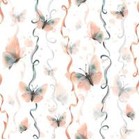 kronkelend satijn linten met vliegend vlinders in modieus pastel kleuren perzik dons en turkoois in een wijnoogst stijl. hand- getrokken waterverf illustratie. naadloos patroon Aan een wit achtergrond vector
