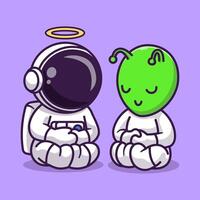 schattig astronaut engel meditatie yoga met buitenaards wezen tekenfilm vector