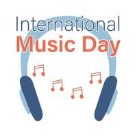 Gefeliciteerd Aan Internationale muziek- dag. aantekeningen vliegend uit van de koptelefoon. luister naar de melodie. op het oor en draadloze koptelefoon. vakantie tekst. blauw en oranje kleur. tekening. illustratie. vector