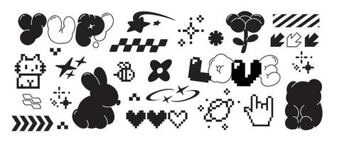 reeks van y2k stijl elementen . hand- getrokken verzameling van hart pixel, pluizig, bloem, konijn, kat, bij, biologisch vorm in zwart en wit kleur. ontwerp voor afdrukken, tekenfilm, kaart, decoratie, sticker. vector