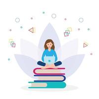de meisje is zittend Aan een stack van boeken met een laptop in haar handen. illustratie van de concept van e-learning, afstand aan het leren en zelfstudie. vector