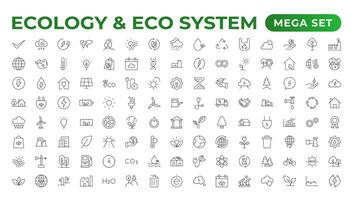 ecologie icoon set. milieuvriendelijk icoon, natuur pictogrammen set. lineair ecologie pictogrammen. milieu duurzaamheid gemakkelijk symbool. gemakkelijk reeks van lijn pictogrammen. globaal opwarming, bossen, biologisch landbouw. vector