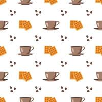 naadloos patroon met kop, schotel, koffiebonen en wafel. print met mok en zoete gebakjes voor café, textiel en design. platte vectorillustratie vector