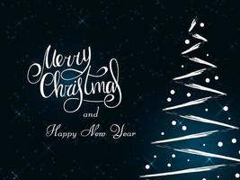 handgeschreven witte letters op een donkerblauwe achtergrond. magische witte kerstboom gemaakt van penseelstreken met sneeuwvlokken. prettige kerstdagen en gelukkig nieuwjaar 2022. vector