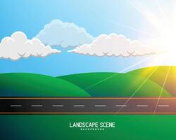 groen tekenfilm landschap met weg achtergrond vector