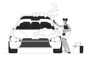 Afrikaanse Amerikaans vrouw het wassen auto zwart en wit tekenfilm vlak illustratie. zwart vrouw schoonmaak auto 2d lijn kunst karakter geïsoleerd. nemen zorg van voertuig monochroom tafereel schets beeld vector