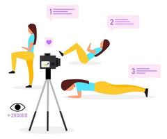 sport blogger platte vectorillustratie. fitnesstrainer, vlogger streaming video. lichaamsbeweging online tutorial. sociale media vlog-inhoud. geïsoleerde stripfiguur op witte achtergrond vector