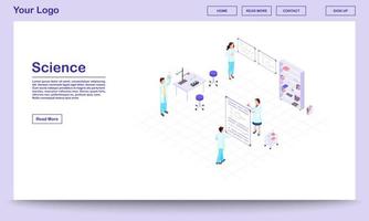 isometrische websitesjabloon voor chemieonderzoek. cartoon laboratoriummedewerkers die glaswerk vasthouden voor wetenschappelijk experiment. wetenschappers die chemische reacties in bekers bestuderen. landingspagina van farmaceutisch bedrijf vector