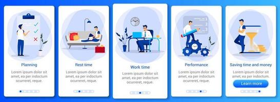 tijdbeheer onboarding schermsjabloon voor mobiele apps. dagplanning en planning, workfloworganisatie. walkthrough website stappen met platte karakters. ux, ui, gui smartphone cartoon-interface vector