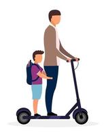 schoolkinderen platte vectorillustratie. schooljongen met jongere broer rijden scooter stripfiguren geïsoleerd op een witte achtergrond. tiener en preteen kinderen naar school gaan. kinderen veel plezier vector