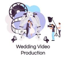bruiloft videoproductie platte concept icoon. videografie, fotografie en filmmaken sticker, clipart. persoonlijke evenementen viering schieten. geïsoleerde cartoon afbeelding op witte achtergrond vector
