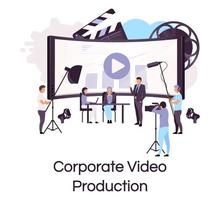 bedrijfsvideoproductie plat concept icoon. massamedia en perssticker, clipart. zakelijke conferentie schieten en uitzenden van geïsoleerde cartoon afbeelding op witte achtergrond vector