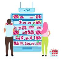 klanten die vlees in de platte vectorillustratie van de slagerij kiezen. paar die bevroren vlees in supermarktbeeldverhaalkarakter selecteren. winkelen in de supermarkt. consumentisme, familie in winkelcentrum die aankopen doet vector