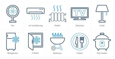een reeks van 10 huis huishoudelijke apparaten pictogrammen net zo fan, lucht conditionering, kachel vector