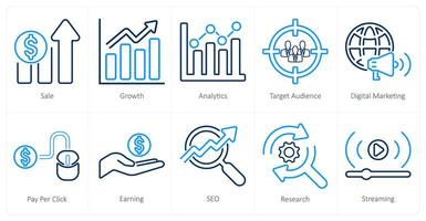 een reeks van 10 digitaal afzet pictogrammen net zo uitverkoop, groei, analytics vector