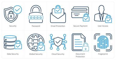 een reeks van 10 cyber veiligheid pictogrammen net zo veiligheid, wachtwoord, e-mail bescherming, beveiligen betaling vector