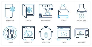 een reeks van 10 huis huishoudelijke apparaten pictogrammen net zo koelkast, diepvries, koffie maker vector