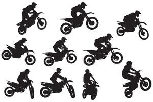 motorcross jumping ruiters, vrije stijl, geïsoleerd silhouetten reeks pro ontwerpt vector