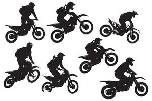 silhouet van een fietser aan het doen vrije stijl trucs Aan zijn motorfiets. silhouet reeks vrij desin vector