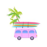 geïsoleerd schattig retro lila bus kleurrijk surfplanken vakantie reis tropisch palm boom afdrukken zomer poster poster kleding papier vector