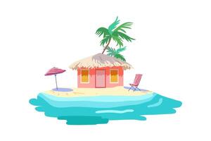 geïsoleerd roze bungalow rieten dak geel zand tropisch palm zee kust strand paraplu sjees lounge marinier afdrukken poster poster kleding behang vector