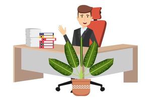 zakenman freelancer zittend op schattig mooi modern bureau met l-vormige tafel en bureaustoel met wat papieren stapel bestandsmappen kamerplanten en zwaaien vector