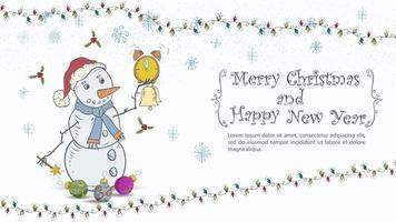 kerstmis en nieuwjaarsillustratie voor de ontwerpinscriptie gefeliciteerd in een frame een sneeuwpop houdt een wekker en een bel in zijn hand tussen kerstboomspeelgoed vector