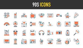 reeks van retro 90s pictogrammen. zo net zo pizza, televisie, mobiele telefoon, koptelefoon, alarm, radio, microfoon, camera en meer icoon illustratie. vector