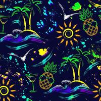 zomer vakantie naadloos patroon met ananas, tropisch eiland, zon icoon, oceaan golven. verf borstel slagen, spetterde verf. helder gloeiend neon kleuren. schets, contour illustraties vector