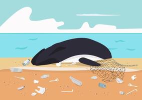 een walvis karkas gestrand Aan strand met riolering verspilling en plastic verontreiniging in de omgeving van achtergrond vector