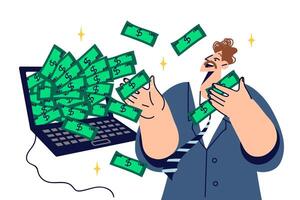 rijk Mens freelancer krijgt veel van geld voor werken Aan internetten, staat in de buurt laptop met dollars vector