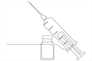 doorlopend een lijn kunst tekening van injectiespuit naald- concept met vaccin fles in schets vector