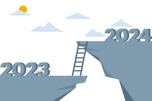 concept van ambitie naar springen de kloof van de oud jaar 2023 naar 2024, 2024 voor bedrijf succes, jaar resolutie of kans, motivatie en werk genot. vlak illustratie. vector