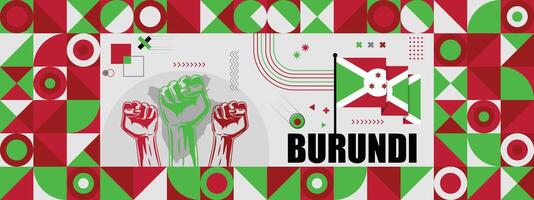 Burundi nationaal of onafhankelijkheid dag banier voor land viering. vlag en kaart van belgie met verheven vuisten. modern retro ontwerp met typorgaphy abstract meetkundig pictogrammen. vector