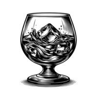 zwart en wit silhouet van een glas whisky Scotch Aan de rotsen vector