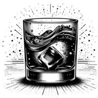 zwart en wit silhouet van een glas whisky Scotch Aan de rotsen vector