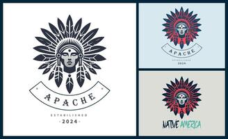 apache Indisch aztec inheems Amerikaans krijger stammen gezicht hoofd logo sjabloon ontwerp vector