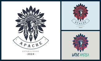 apache Indisch aztec inheems Amerikaans krijger stammen gezicht hoofd logo sjabloon ontwerp vector