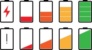 accu icoon set, gekleurde in rekening brengen niveau indicator, macht laag omhoog toestand batterijen symbool, illustratie. vector