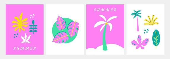 abstract zomer kleurrijk lay-out set. tropisch bladeren, palmen en modern typografie. zomer bedekking promo set. sappig kaarten, affiches, dekt, flyers, spandoeken. achtergrond sjabloon, achtergrond. vector