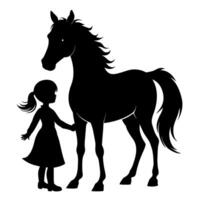 een kind staan met een paard vlak silhouet vector