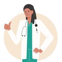 een dokter in een wit jas staat en shows een duim omhoog vector