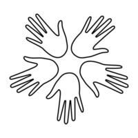 de handen van multi-etnisch mensen zijn geregeld in een cirkel met een zwart schets Aan een wit achtergrond. kleuren. liefhebbend handen tonen steun. vector