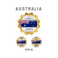 gemaakt in Australië label, stempel, badge of logo. met de nationale vlag van Australië. op platina, goud en zilver kleuren. premium en luxe embleem vector