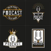 set vintage retro logo-stijl voor podcast-logo. met gouden, zwarte en witte microfoon. premium en luxe logo vector