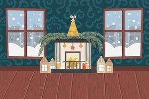 Kerst woonkamer met open haard, houten vloer, behang met patronen en besneeuwde ramen. Open haard met een gouden kerstboom, kaarsen en huizen. vectorillustratie voor een feestelijk interieur. vector